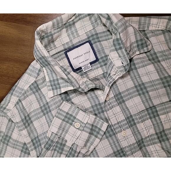 American Eagle White Green Plaid Button Down Shirt Men’s XS Long Sleeve Casual - Picture 1 of 6